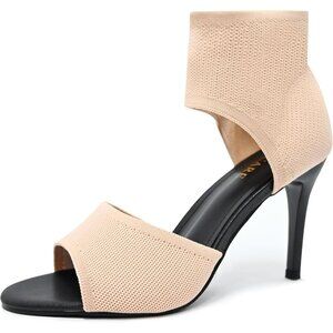 Apricot 3 Inches Peep Toe Synthetic Stiletto Stretchy Heeled Sandals for Women